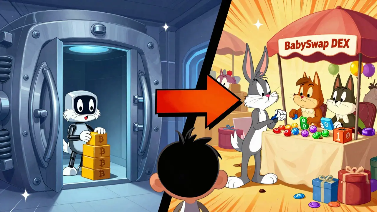 Cartoon split scene showing Bitcoin vault vs busy token marketplace