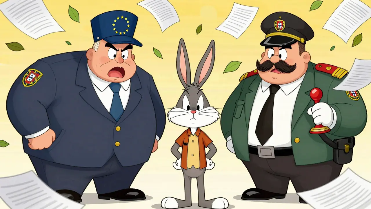 Cartoon trader confused by flying papers from EU and Portuguese regulators