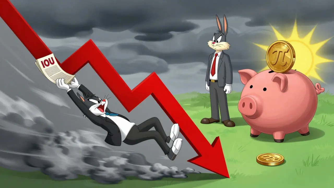 Cartoon trader sliding down crashing graph while losing IOU papers to smoke
