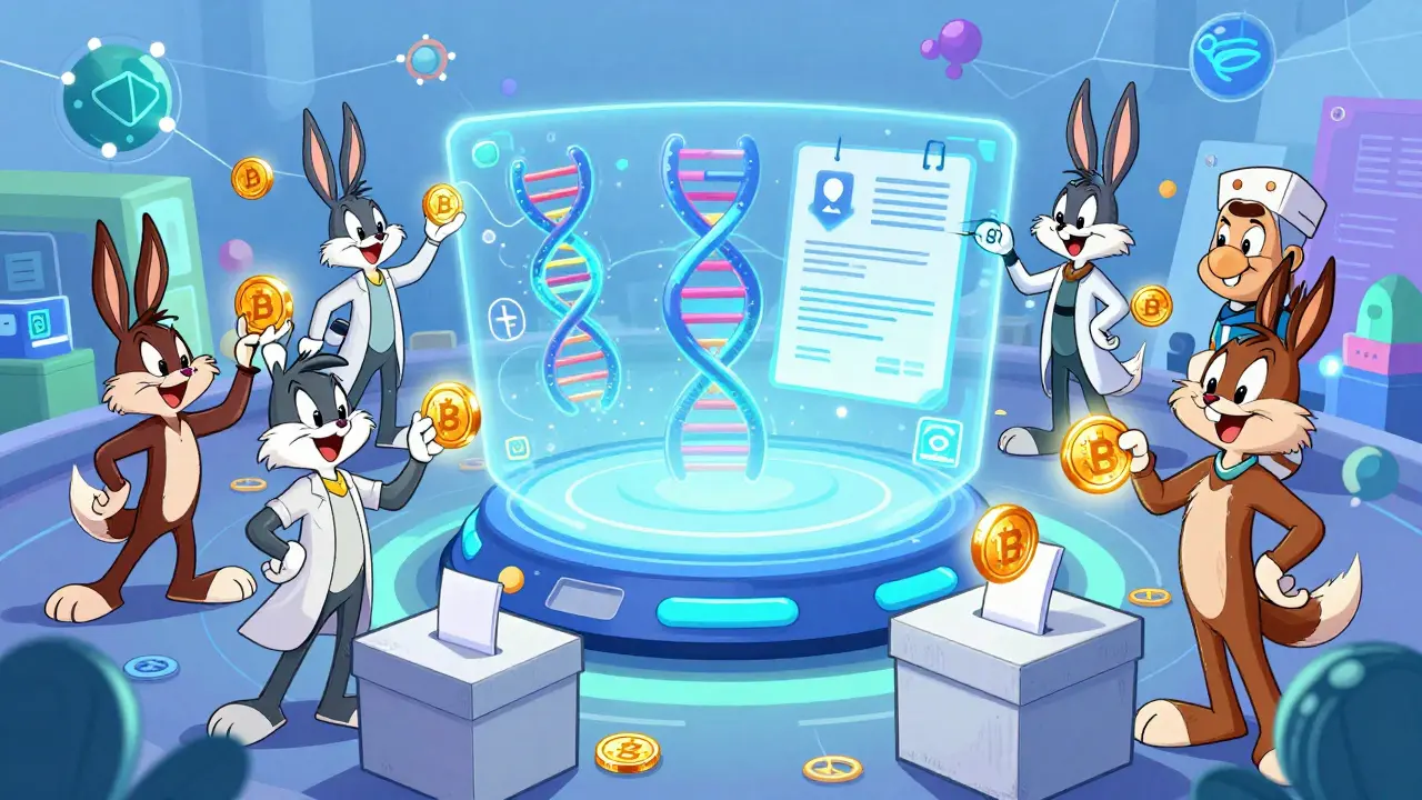 Colorful cartoon characters voting and trading glowing BIO tokens in a futuristic DeSci marketplace