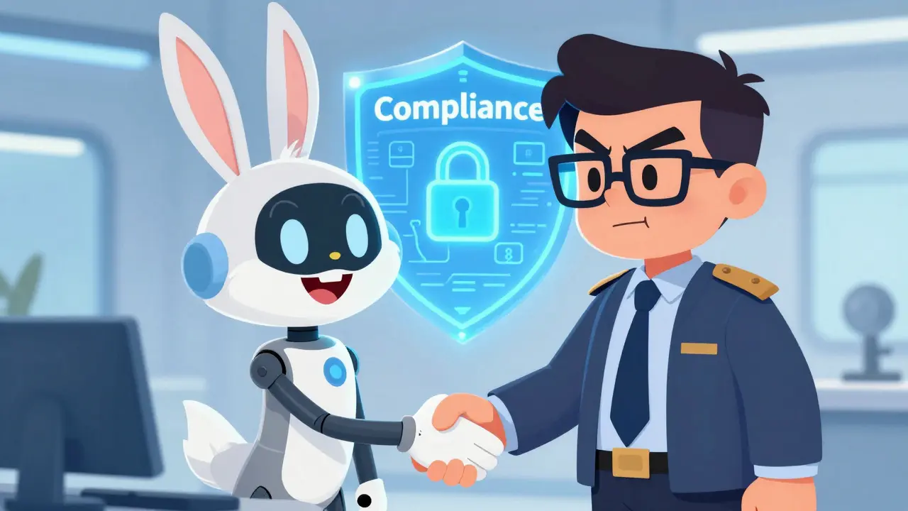 Crypto robot shaking hands with a regulator under a shield