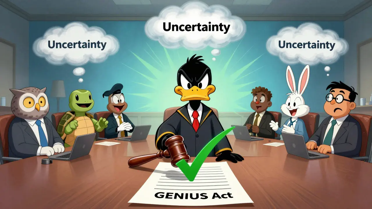 Daffy Duck as judge stamping GENIUS Act with green checkmark