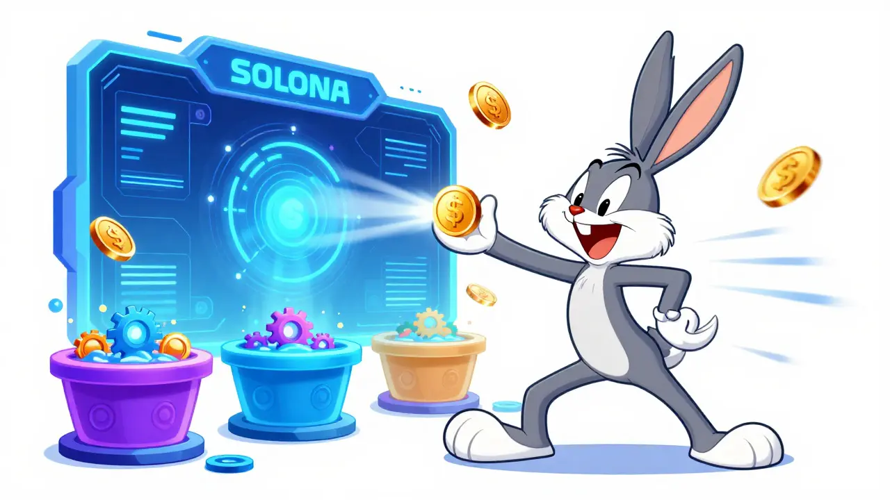 Energetic cartoon character trading tokens on a fast, vibrant Solana decentralized exchange interface.