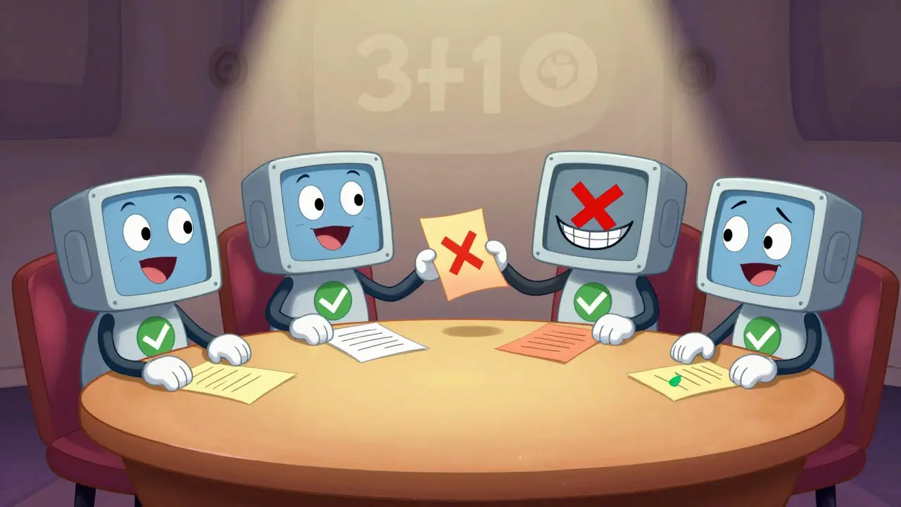 Four animated robots at a table, three honest ones outvoting one liar.