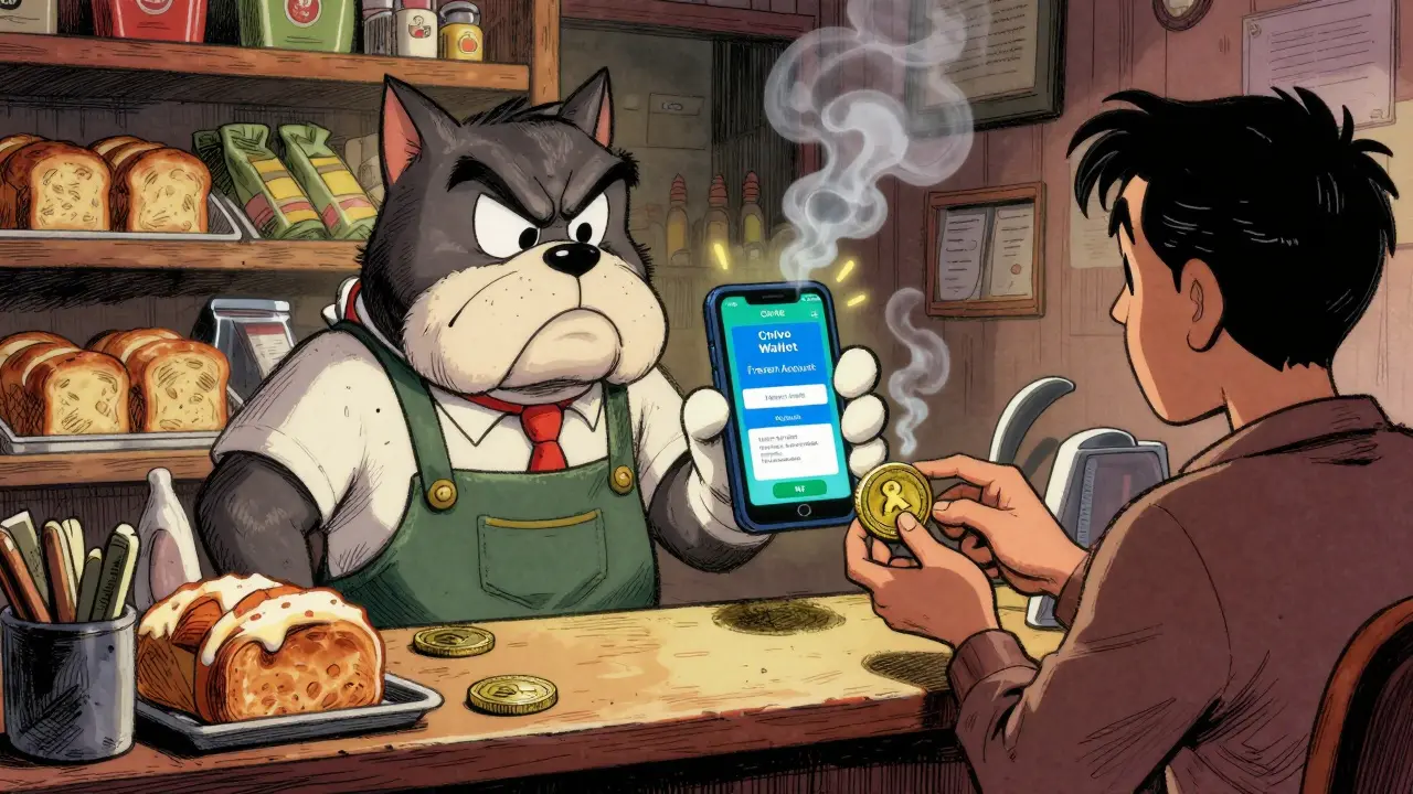 Frustrated shopkeeper dealing with a glitchy Chivo Wallet app on his phone.
