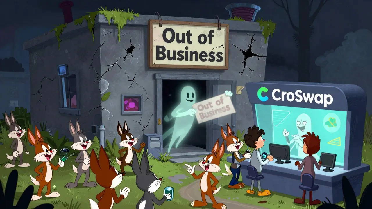 Ghostly zombie crypto exchange building vs busy active competitor