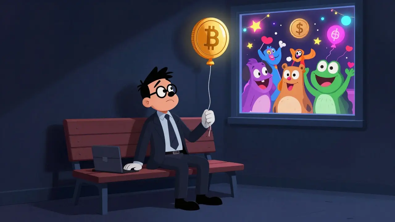 Lonely investor with deflated coin balloon vs partying mascots