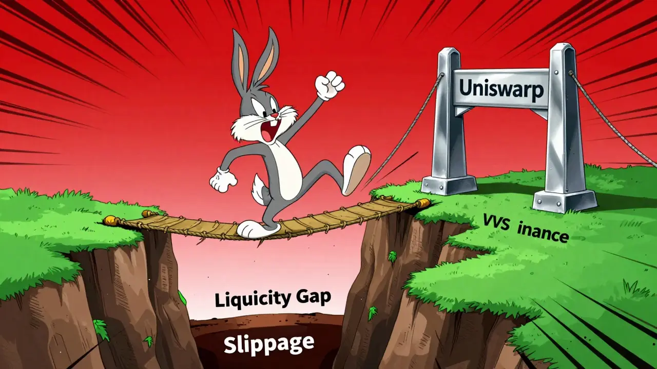 Looney Tunes style character slipping into slippage pit while trading