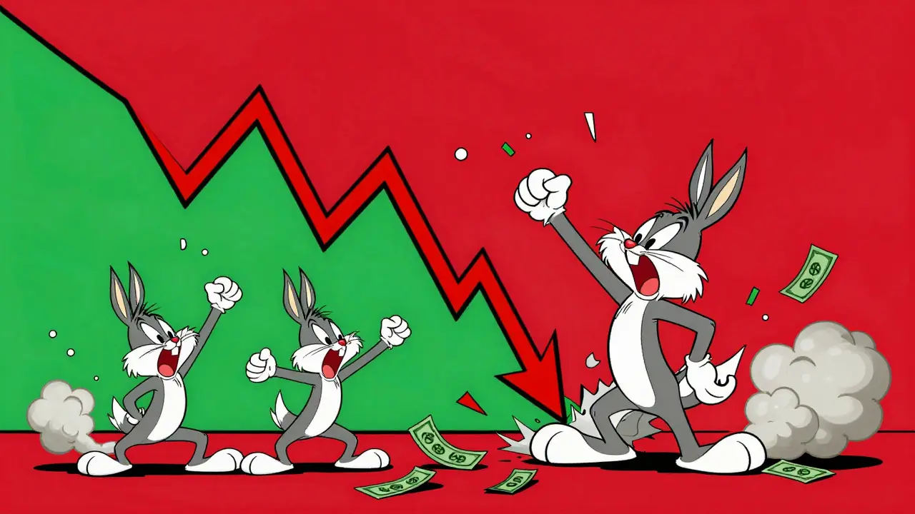Plummeting stock chart with panicked cartoons in vintage animation style