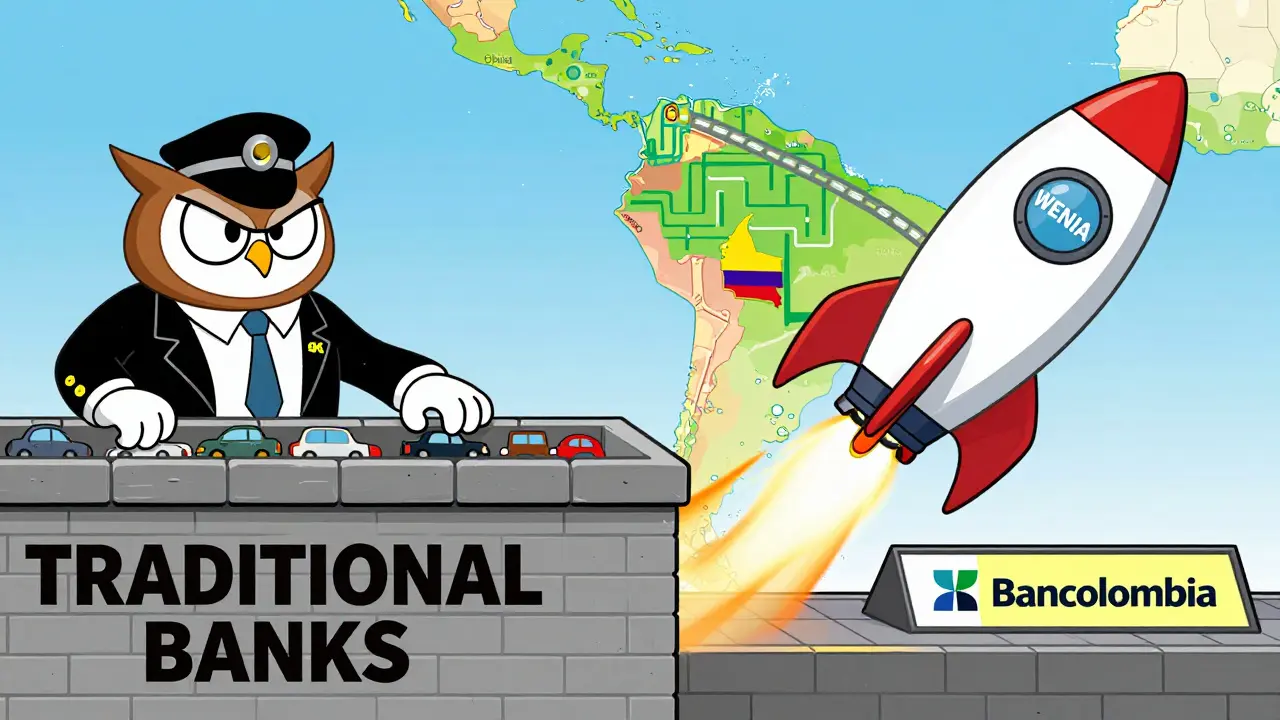 Rocket ship Wenia launching past strict bank regulator