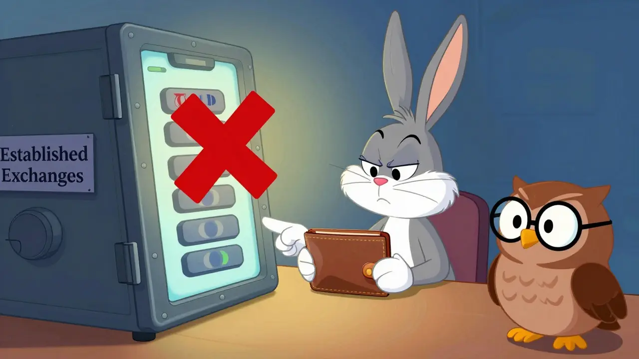 Sad investor with empty wallet looking toward a safe exchange vault.