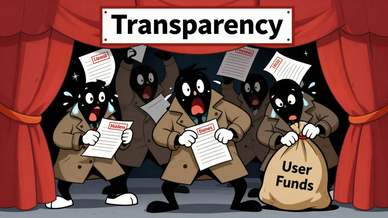 Shadowy figures hiding fake licenses and leaking user funds in a cartoon.