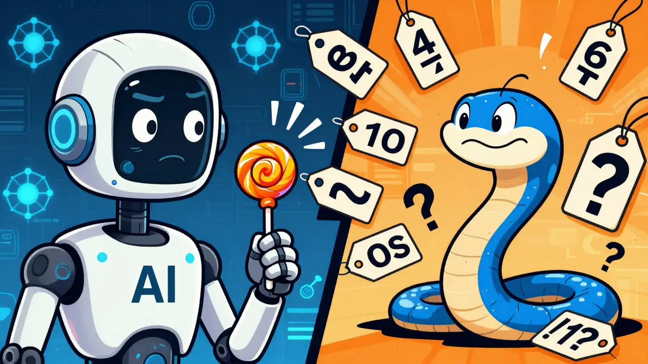 Split screen cartoon: confused robot vs chaotic snake with price tags
