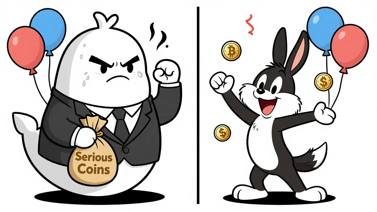 Stressed investor vs happy dancing dog in Looney Tunes style