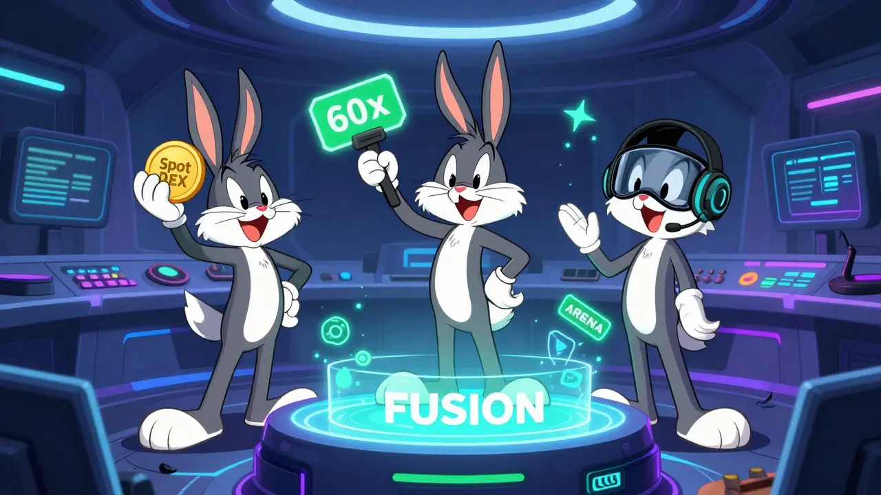Three cartoon figures representing Spot, Perps, and Social trading modules united in a high-tech hub.