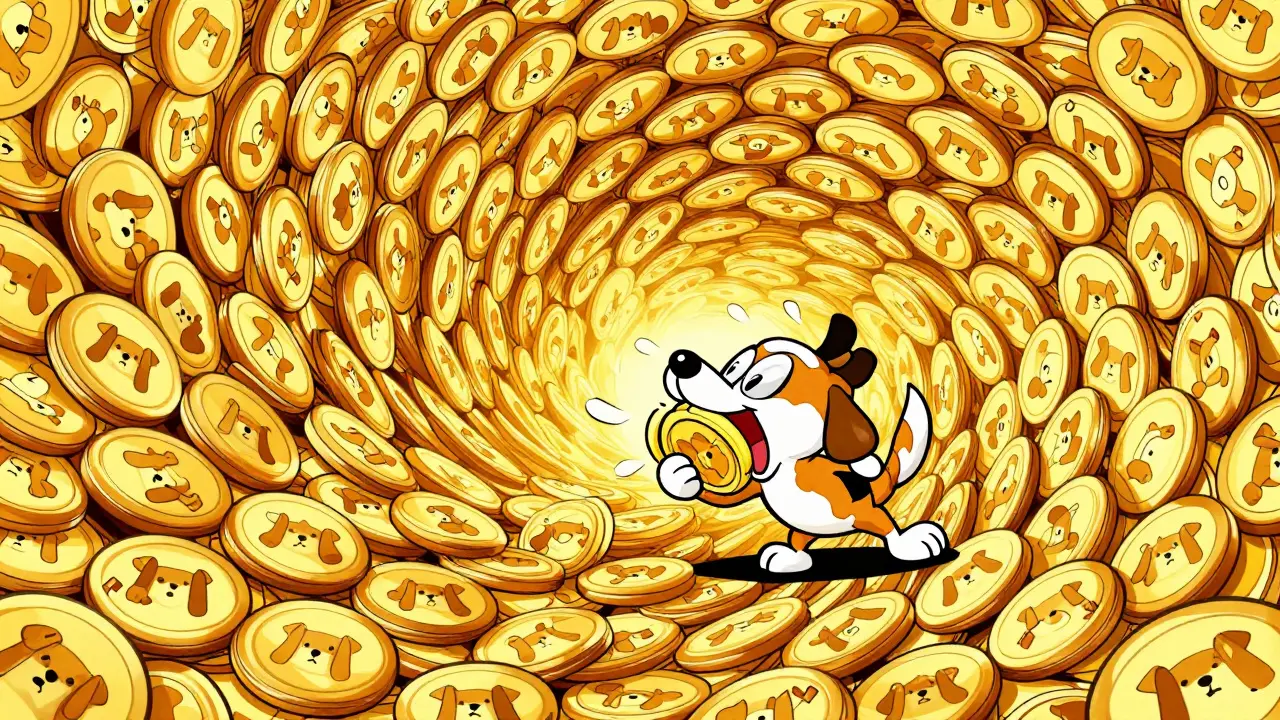 Tiny dog swallowed by infinite vortex of tokens in cartoon style