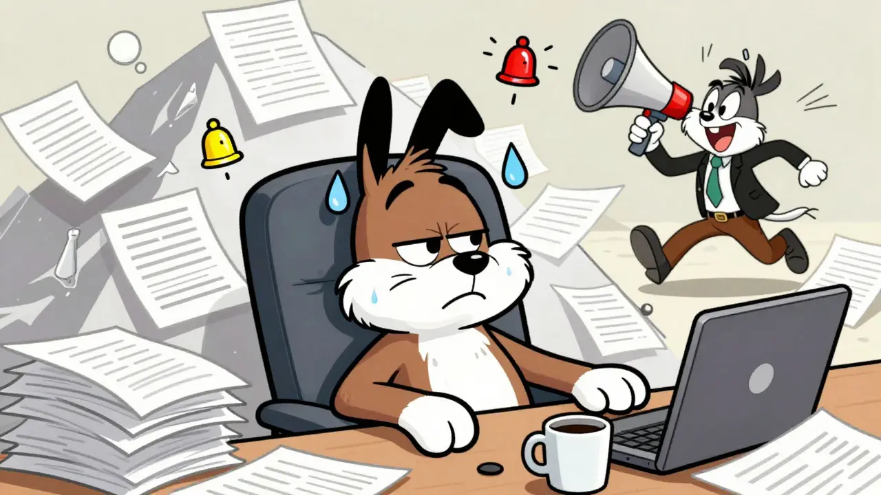 Tired cartoon character overwhelmed by DAO voting notifications