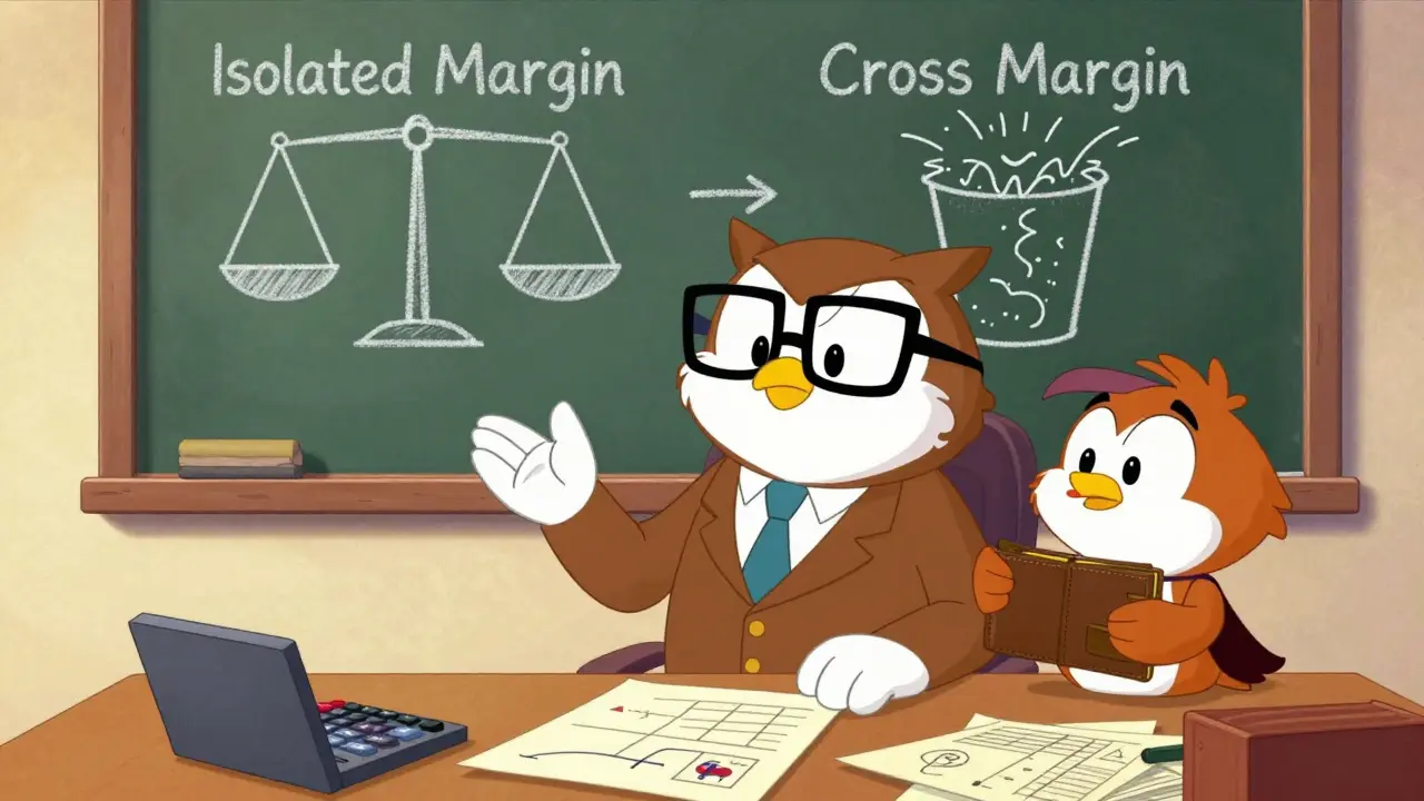 Wise cartoon owl teaching a novice about margin trading risks at a desk