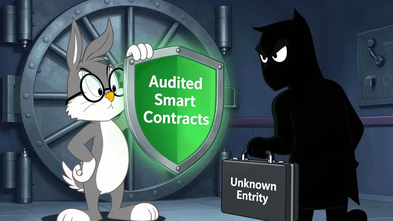 Wise owl character inspecting a secure audit shield while rejecting a shady unknown crypto entity.