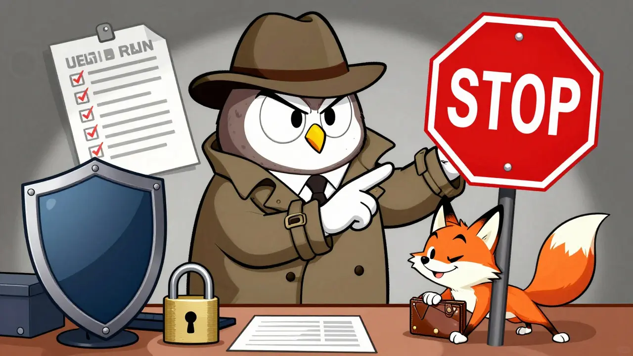 Wise owl detective warning against scammer fox in Looney Tunes style