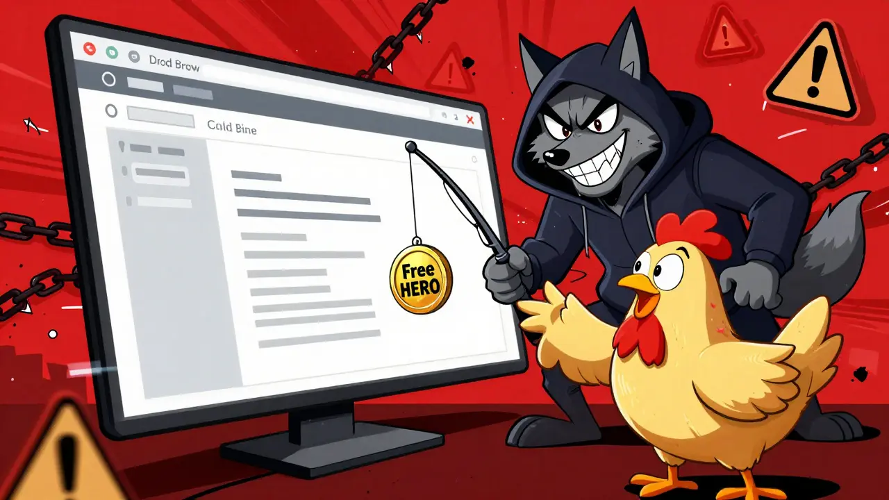 Wolf scammer tricking chicken with fake crypto airdrop