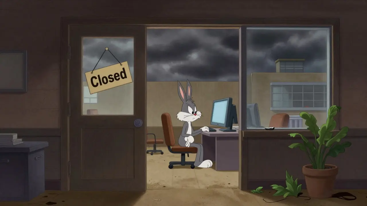 A deserted, dusty office illustrating CrossTower as a crypto casualty in cartoon style.