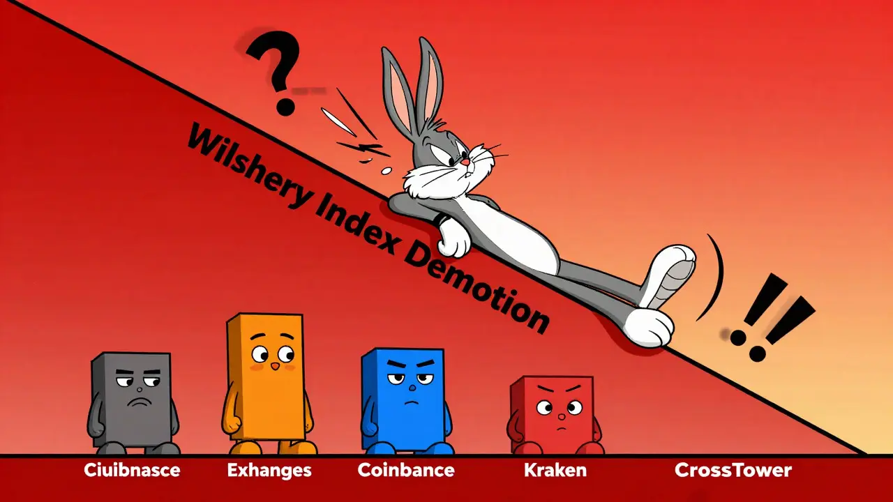 A worried cartoon character sliding down a red graph representing Wilshire demotion.