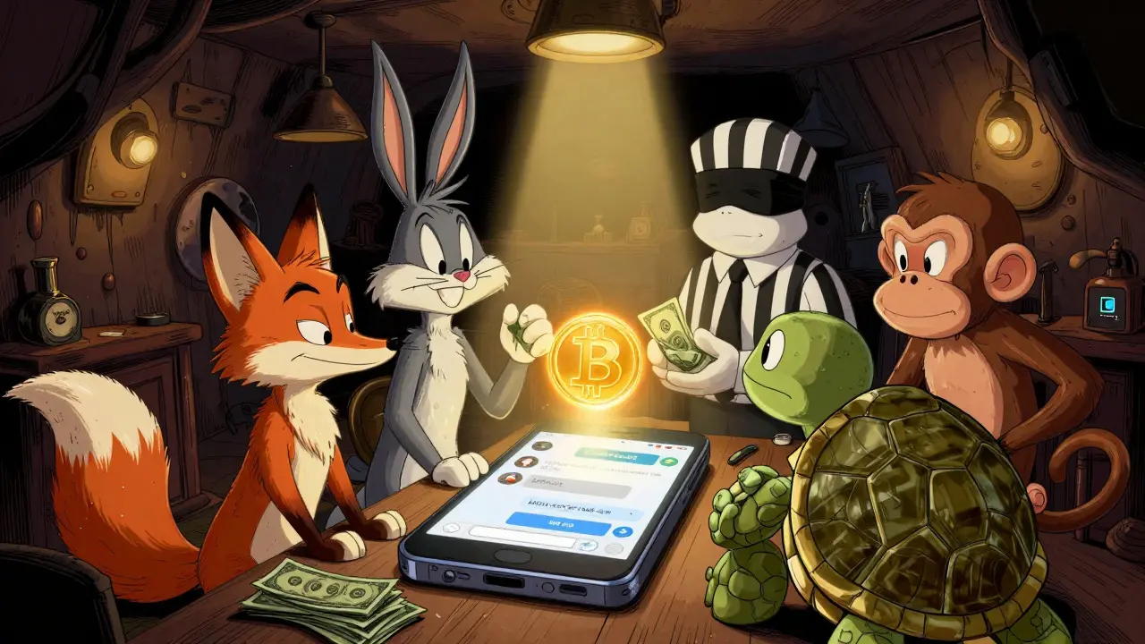 Animals trading crypto secretly in a basement setting