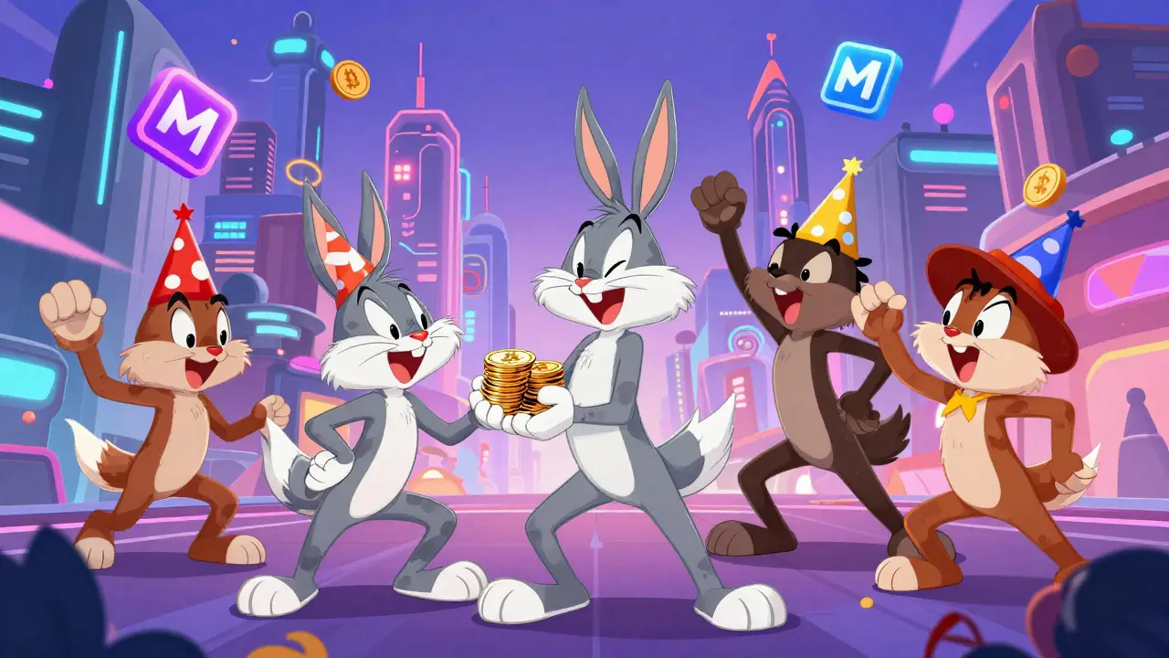 Animated creatures celebrating and trading tokens in a metaverse