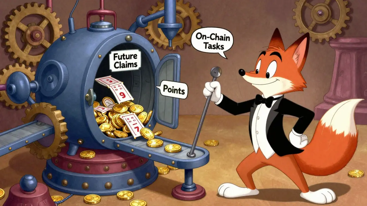 Animated fox operating a complex machine for DAO points system