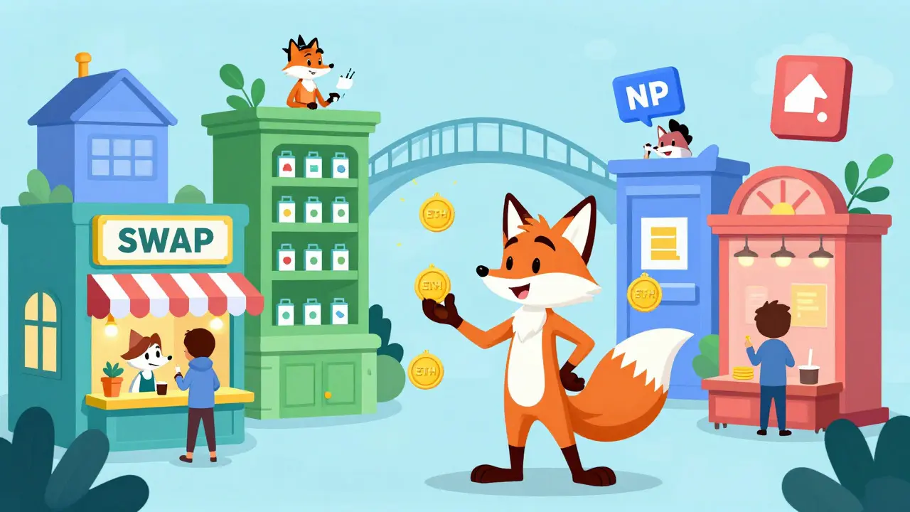 Animated fox using various DeFi apps and bridging funds on Base network
