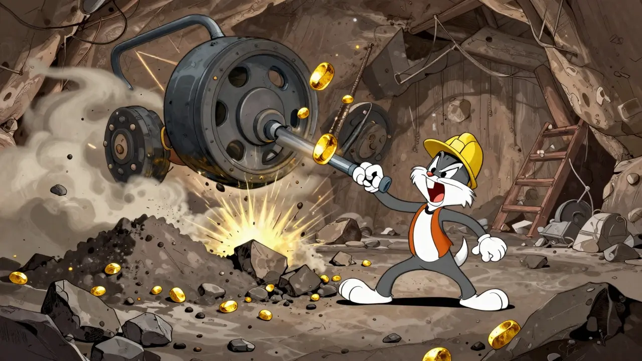 Animated miner struggling with exploding machinery in gold tailings pile