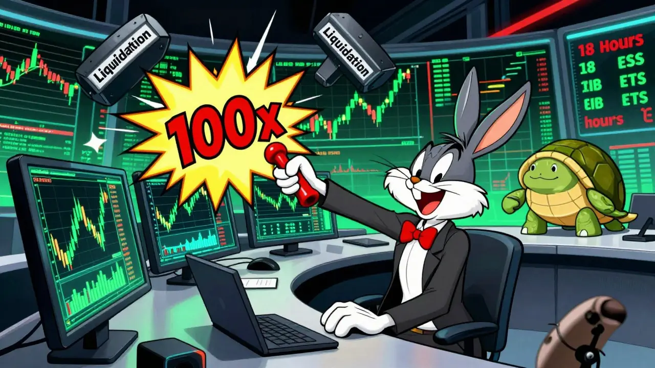 Animated trader risking high leverage while dodging liquidation risks and slow support