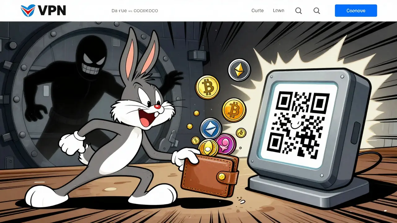 Animated wallet sending crypto coins past a blocked bank villain during a VPN checkout.