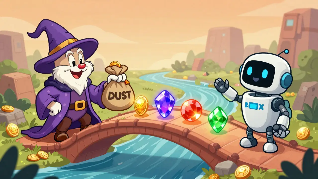 Animated wizard swapping dust tokens for other crypto gems on a magical bridge