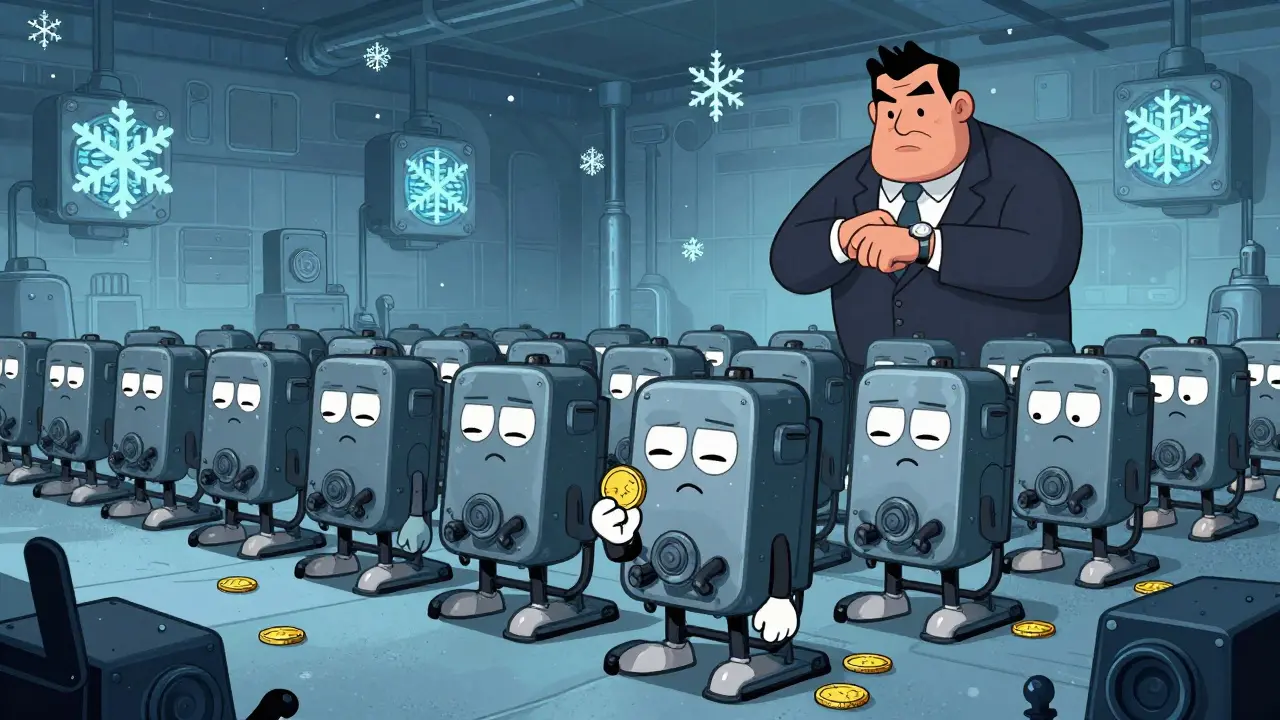 Anthropomorphic ASIC miners in cold industrial warehouse