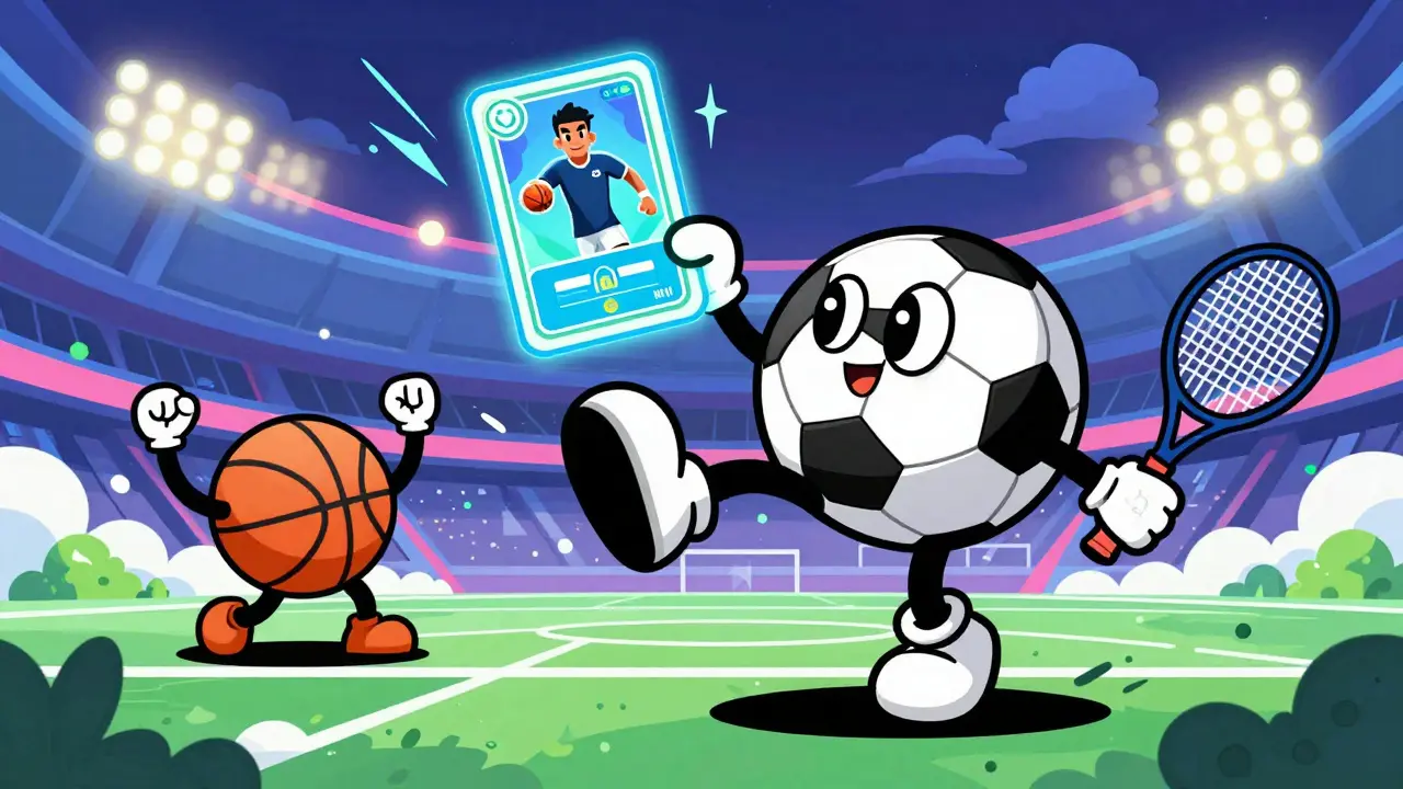 Anthropomorphic sports characters playing with holographic cards in a vibrant stadium