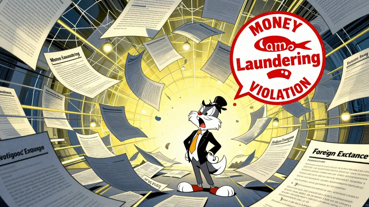 Anxious trader trapped in a web of confusing legal documents and stamps.