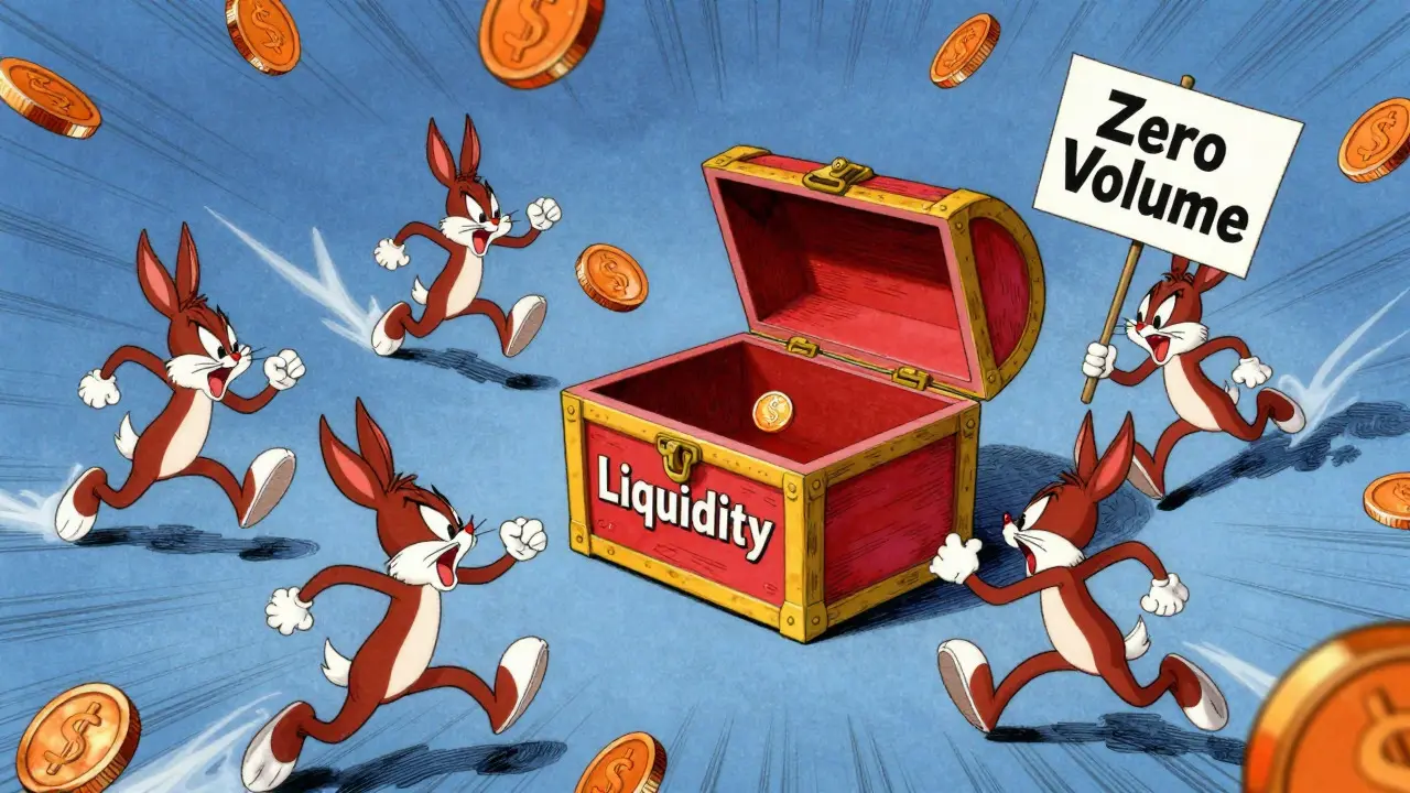 Cartoon coins fleeing from empty liquidity chest in Looney Tunes style