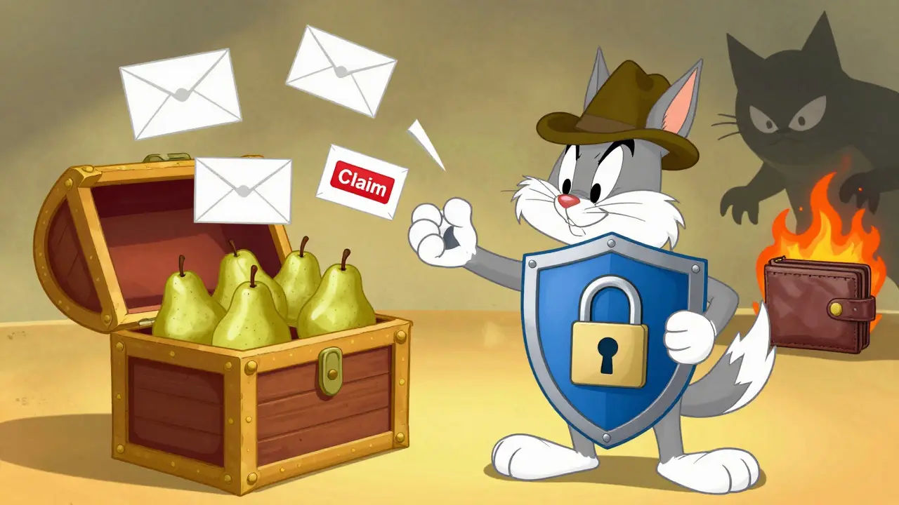 Cartoon dog guarding crypto tokens against phishing scams