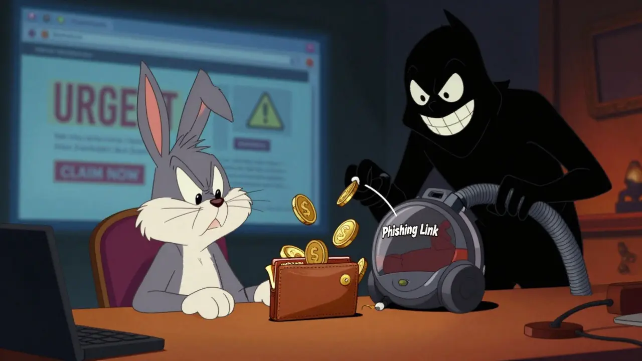 Cartoon dog losing crypto tokens to a phishing scammer with a vacuum