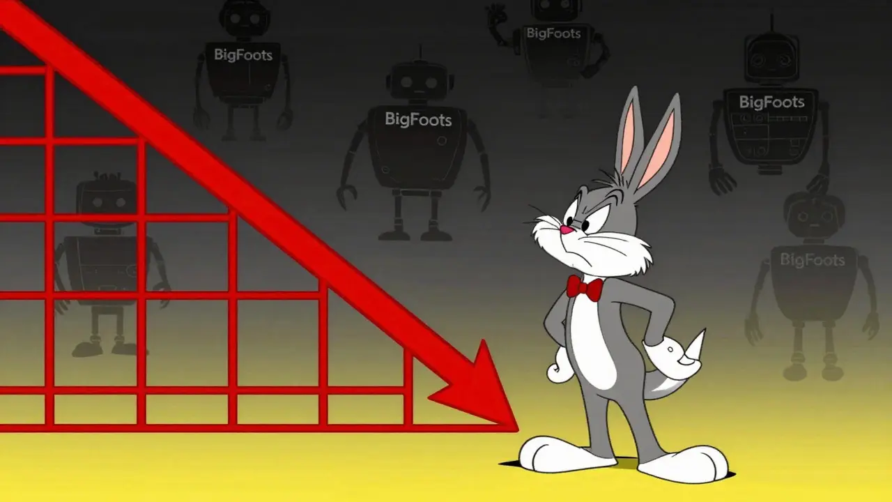 Cartoon investor watching a crashing price graph with vague AI bots