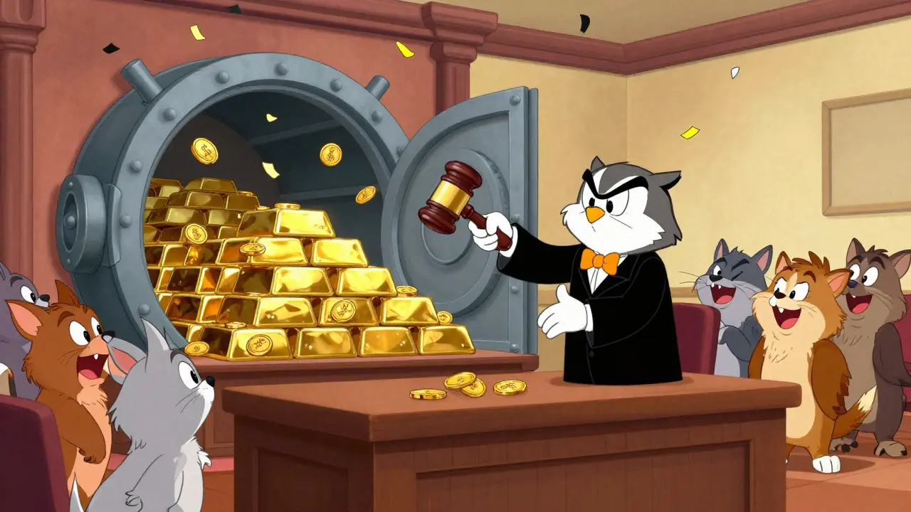 Cartoon judge distributing recovered funds to happy animal creditors.