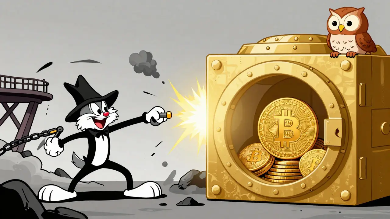 Cartoon showing safe locked assets while a sidechain bridge collapses nearby