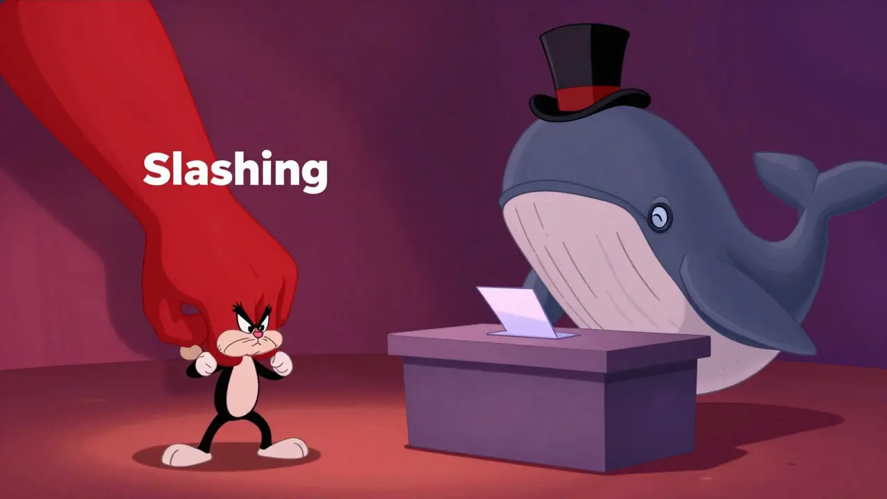Cartoon showing slashing risk and whale dominance in crypto governance