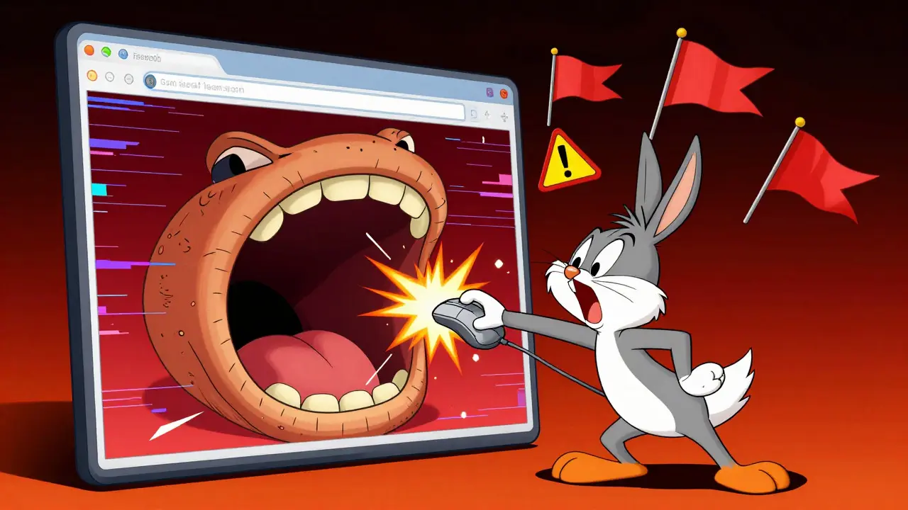 Cartoon user clicking a mouse that turns into a trap, surrounded by red flags