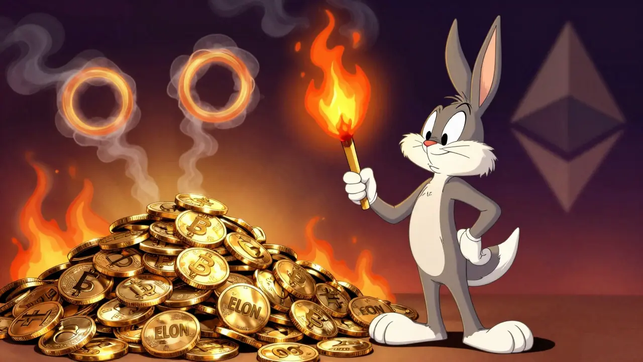 Cartoon Vitalik burning a pile of ELON coins with a torch in a Looney Tunes style.