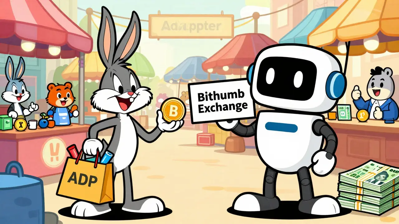 Characters spending ADP tokens in a store and trading at an exchange.