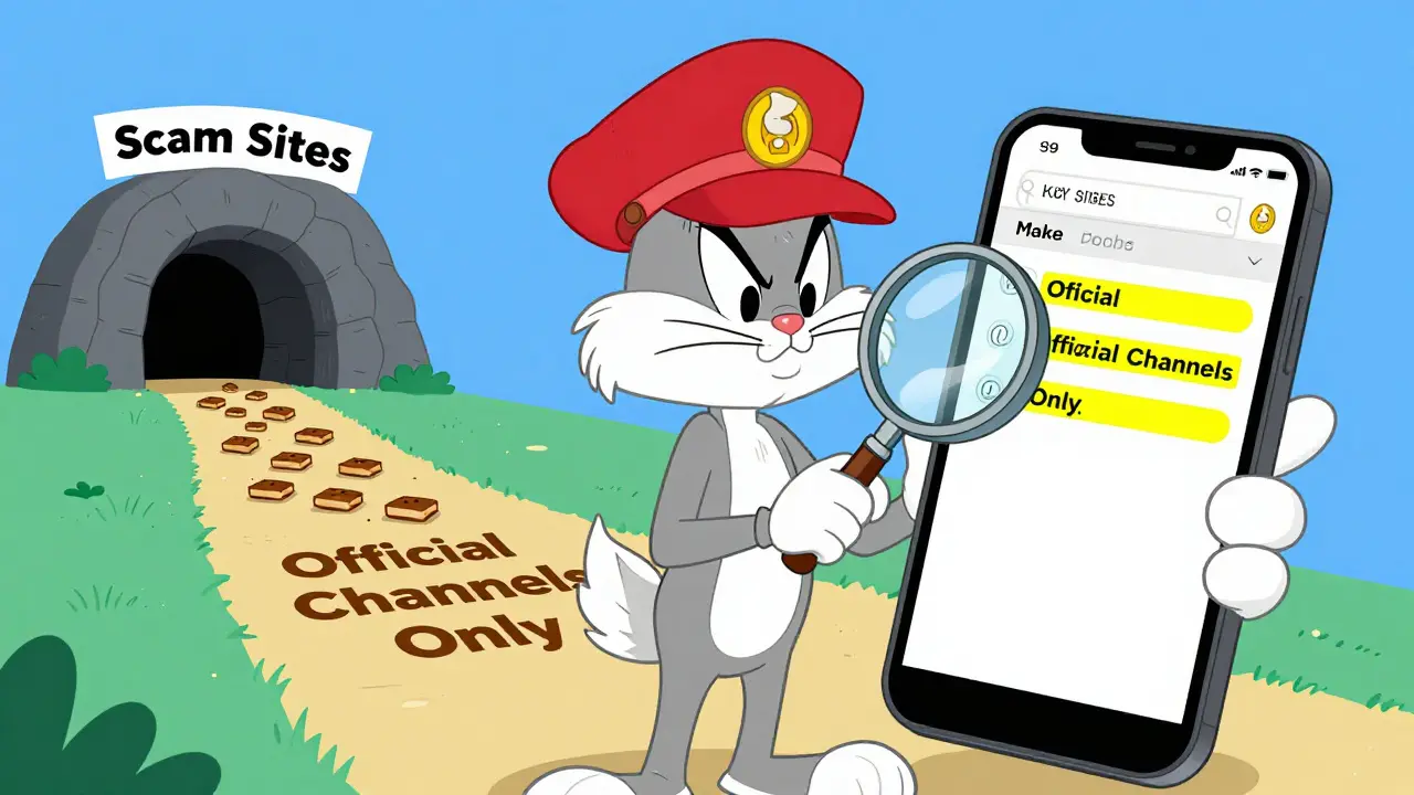 Detective cartoon character verifying safe crypto links with magnifying glass