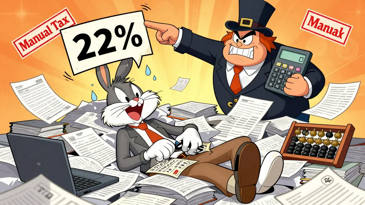 Exhausted cartoon trader overwhelmed by manual tax calculations and paperwork